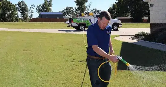 Lawn care technician spraying weed control treatment on a green lawn beside a service truck