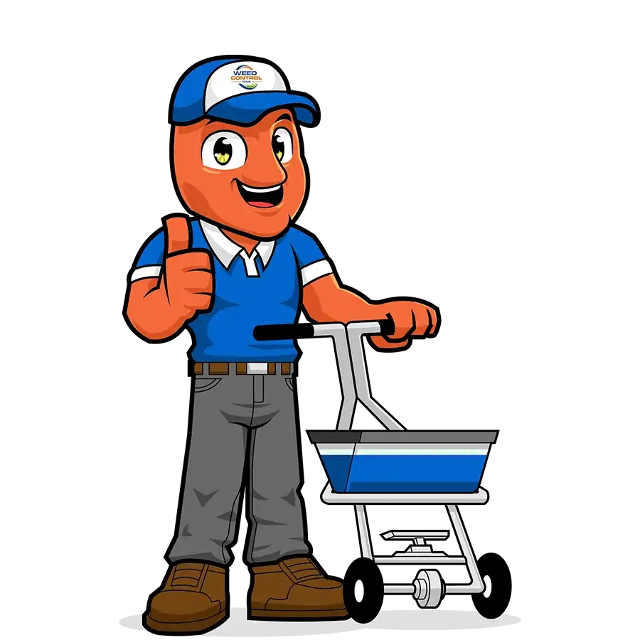 Cartoon Weed Control NWA technician giving thumbs up with lawn fertilizer spreader